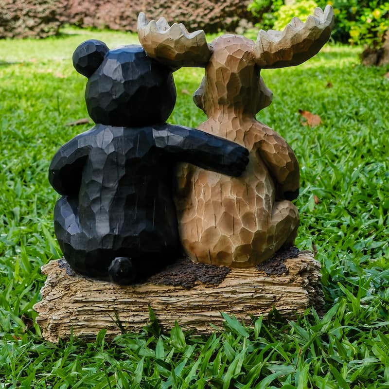 Bear and Moose on Tree Trunk Outdoor Welcome Garden Sign - 13.5"