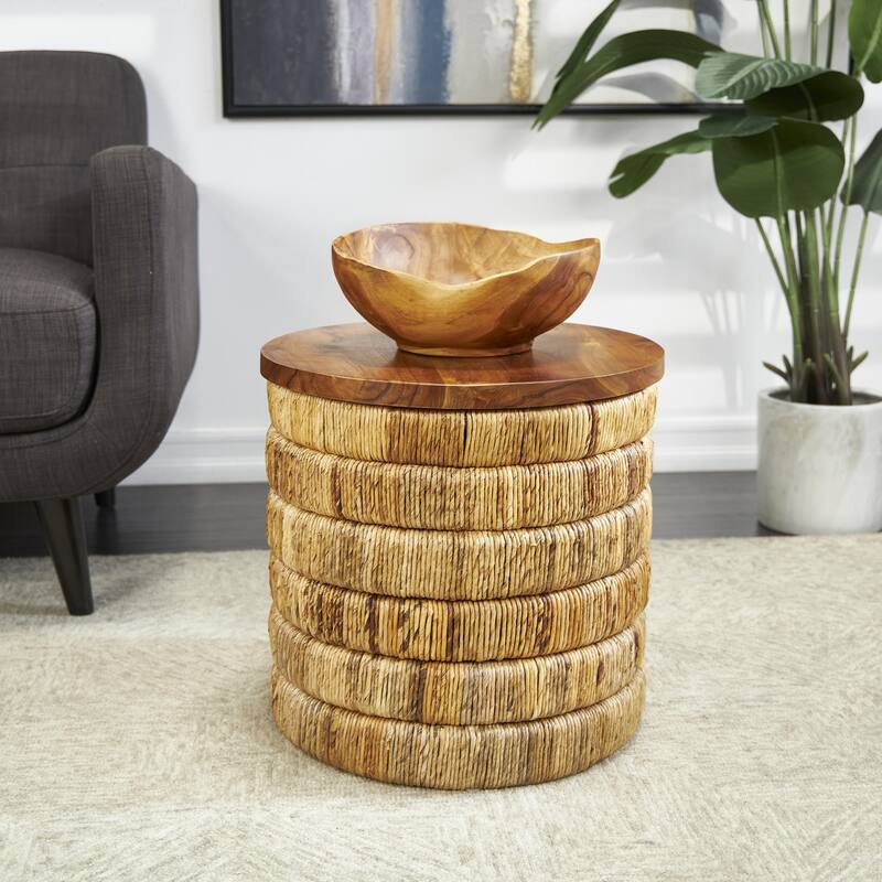 Seagrass Handmade Linear Wrapped Side End Accent or Coffee Table with Teak Wood Top - Brown - Roche River Décor
