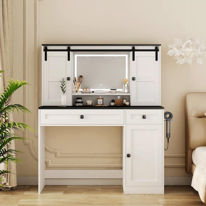 43" Wide Dressing Table with Lighted Mirror and Makeup Drawer, Large Modern Dressing Table Set with Hair Dryer Holder - White