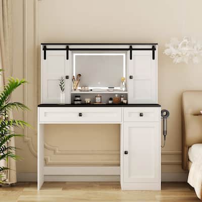 43" Wide Dressing Table with Lighted Mirror and Makeup Drawer, Large Modern Dressing Table Set with Hair Dryer Holder