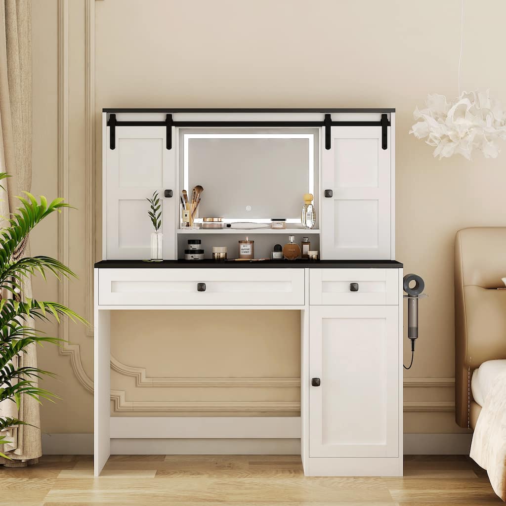 Farmhouse Modern Makeup Vanity: 43" Dressing Table with Lighted Mirror, Storage Drawer & Hair Dryer Holder