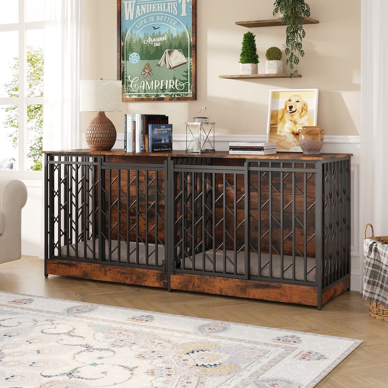 Large Double Dog Crate Furniture for Medium and Large Dogs, Rustic Industrial Dog Kennel End Table