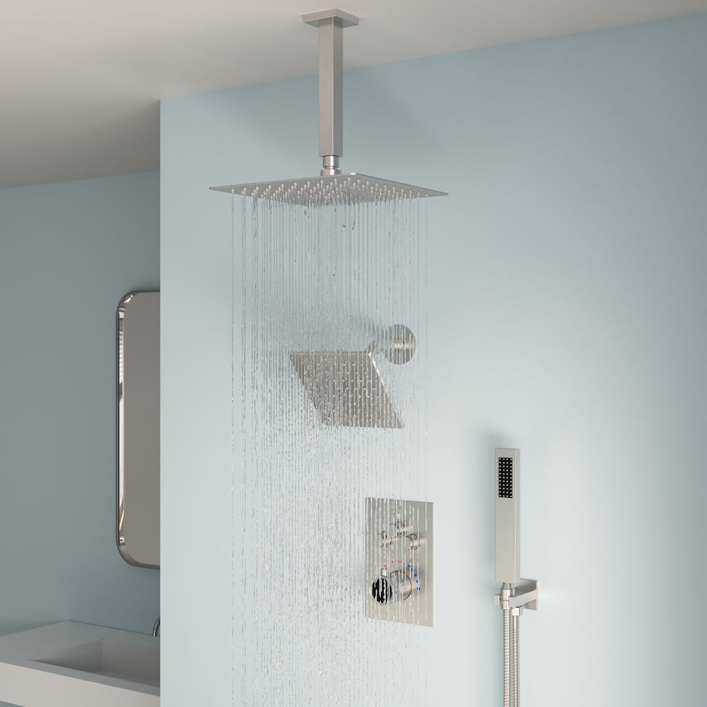 Dual Shower Heads 12" Rainfall and High Pressure 6" Shower System w/ 3 Way Thermostatic Faucet