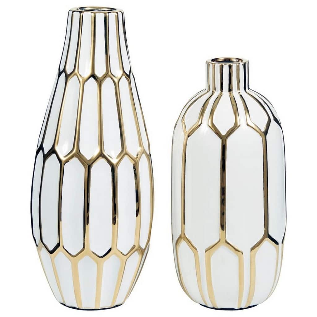 Vase with Honeycomb Geometric Design, Set of 2, White and Gold