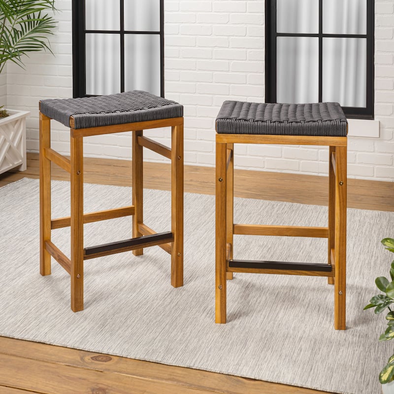 Armand Backless Acacia Wood Outdoor Stool with Woven Rope Seat, (Set of 2)