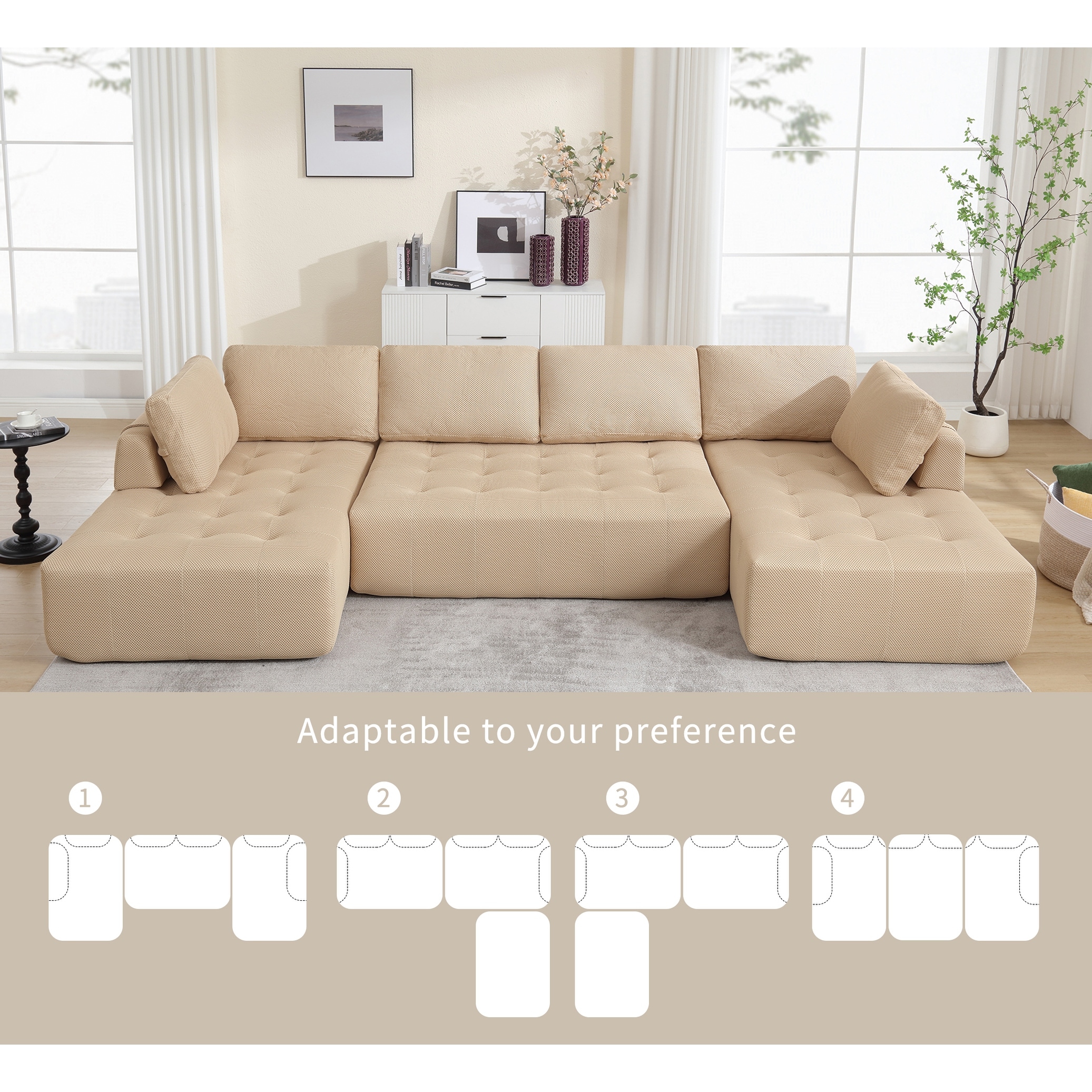 Floor U-shape Chaise Sofa 6-seat Sleeper Sofa Futon Modular Recliner Breathable Upholstered Combination Sofa for Livingroom