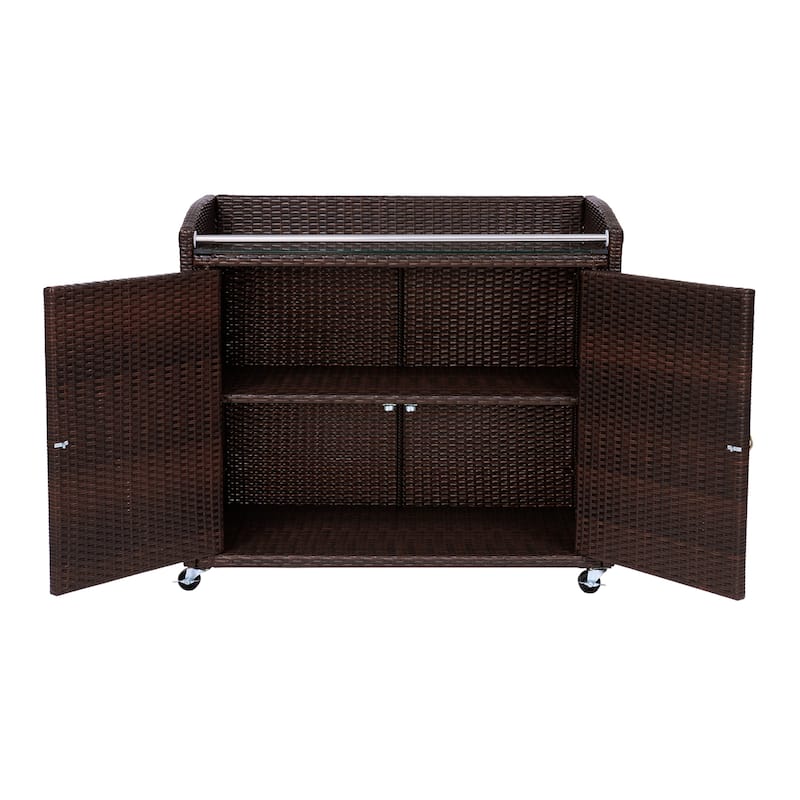 Teamson Home Outdoor Rattan Bar Serving Cart with Locking Caster Wheels, Glass Top, Large Patio Storage for Deck and Patio Use