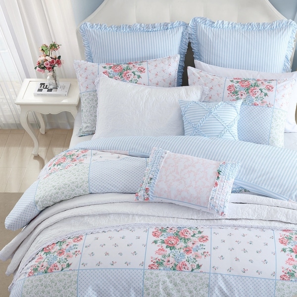 Laura Ashley Hope Patchwork Cotton Pink Duvet Cover Bonus Set - On