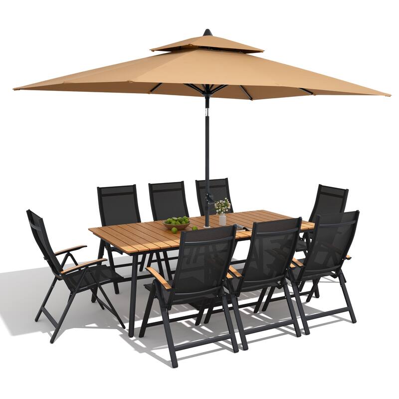 9/11-Piece Outdoor Aluminum Patio Dining Set w/10 ft Umbrella and Base, Rectangle Table and Folding Chairs