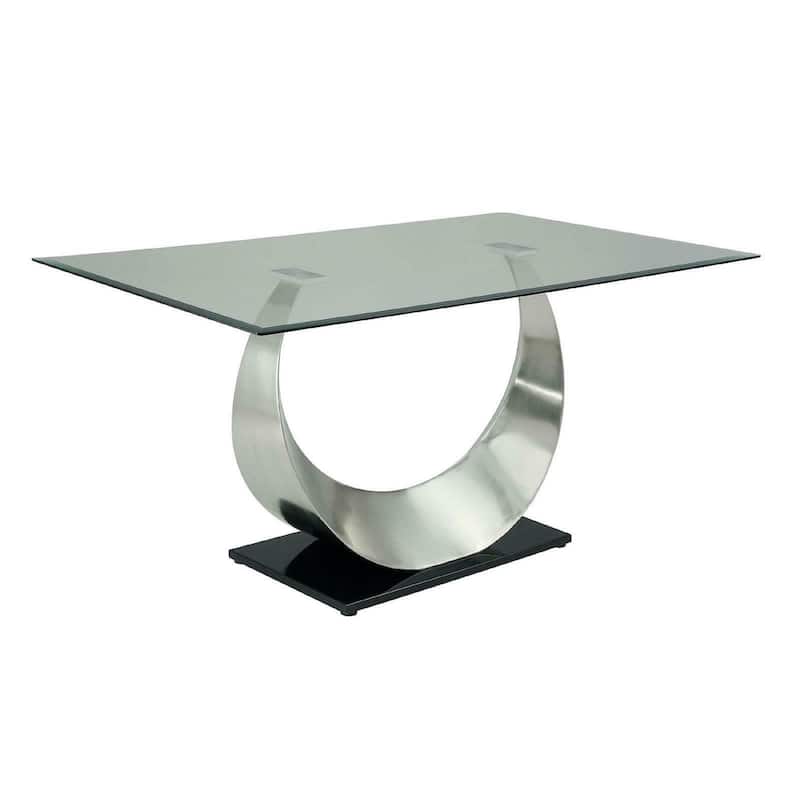 Metal and Glass Dining Table with Unique U Shape Pedestal Base, Chrome and Black