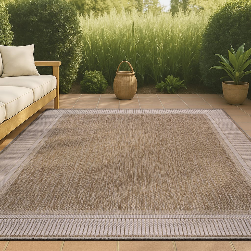 JONATHAN Y Alda Coastal Casual Wide Stripe Border Beige/Cream Indoor/Outdoor Area Rug