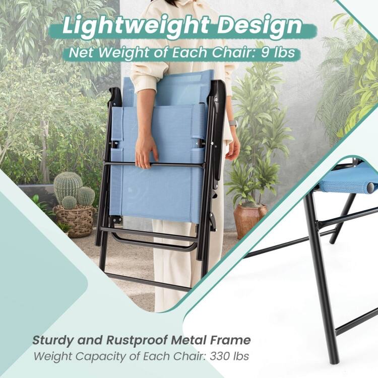 2 Set of Patio Dining Chair with Armrests and Metal Frame-Blue - 25.5" x 24" x 37" (L x W x H)