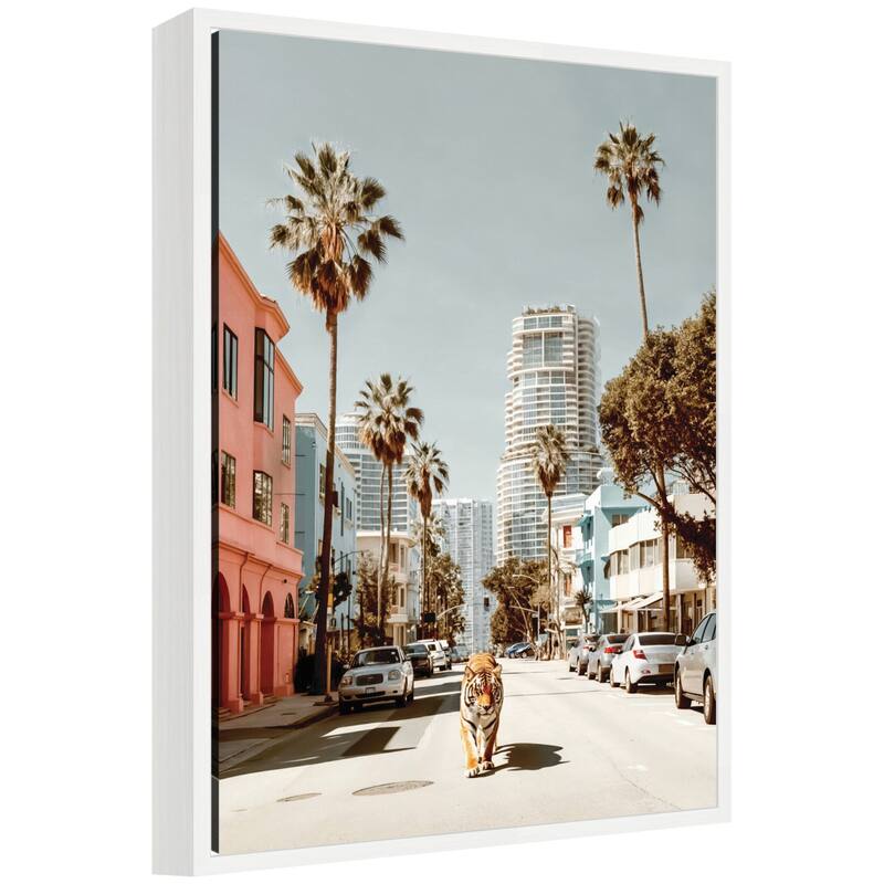 Kate and Laurel Sylvie California Tiger Roaming through Palm Springs Framed Canvas by Michael Schauer - 18x24 - White