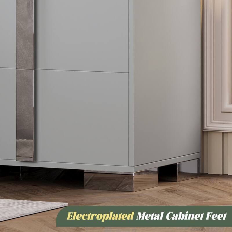 Modern End Table with Drawers, Elegant Nightstand with Metal Foot,Wood Bedside Table with Mirrored Metal Handles