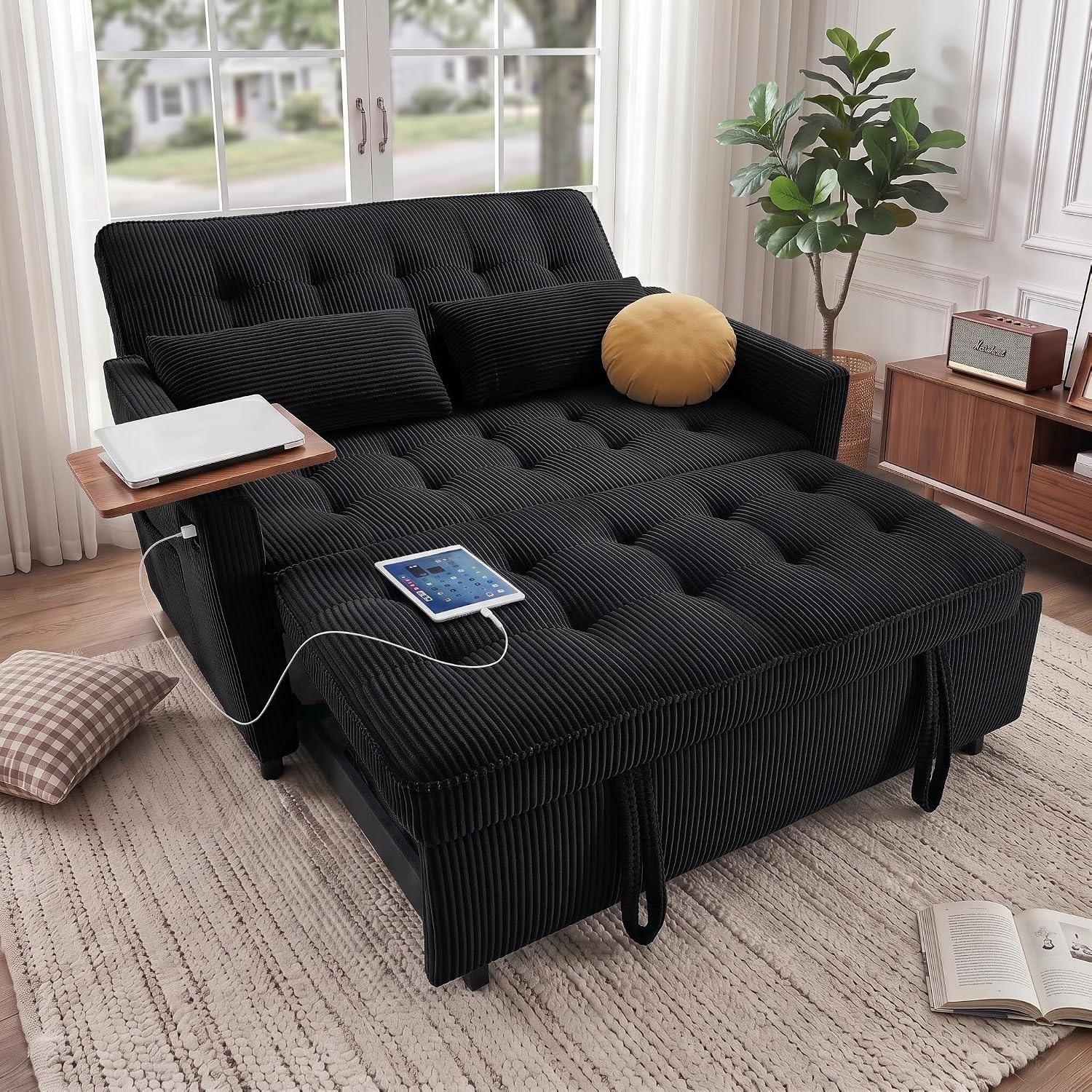 Sleeper Sofa Bed,54" Convertible Pull Out Couch with Small Table,USB Port & Adjustable Backrest,Corduroy Fabric