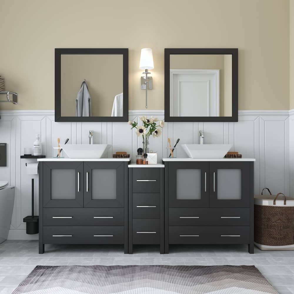 Vanity Art 72" Double Sink Bathroom Vanity Set with Engineered Marble Top Free Mirror - 72 x 18.5 x 36 Inches