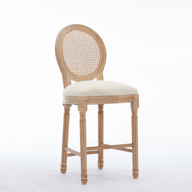 French Country Set of 2 Bar Stools, Round Rattan Mesh Back Accent Chairs with Upholstered Seat and Solid Wood Frame