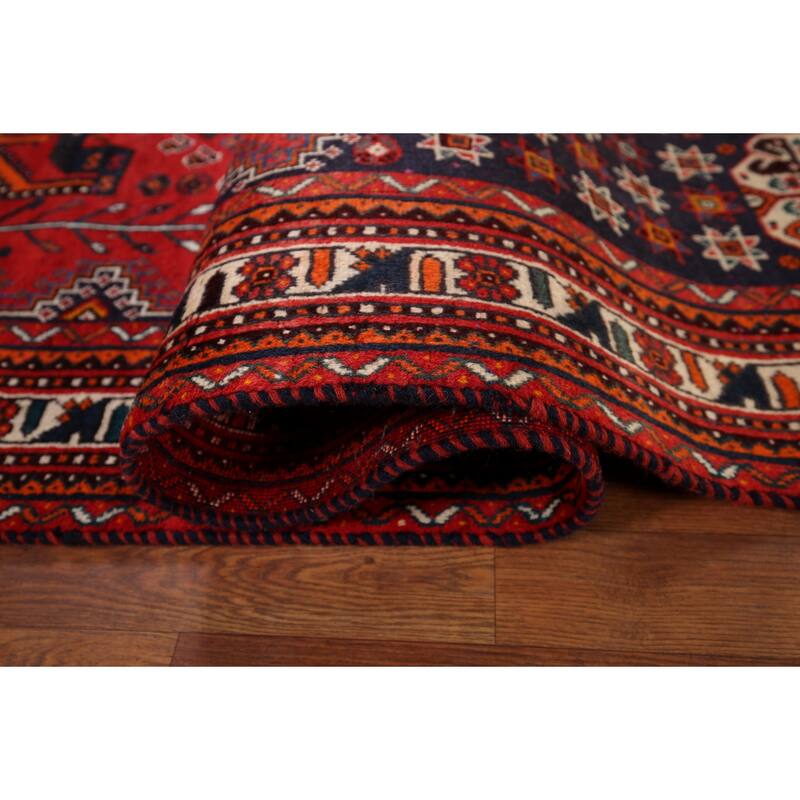 Hand Knotted Oriental 100% Wool Carpet Traditional Tribal Red Shiraz Area Rug - 9' 8'' X 6' 7''