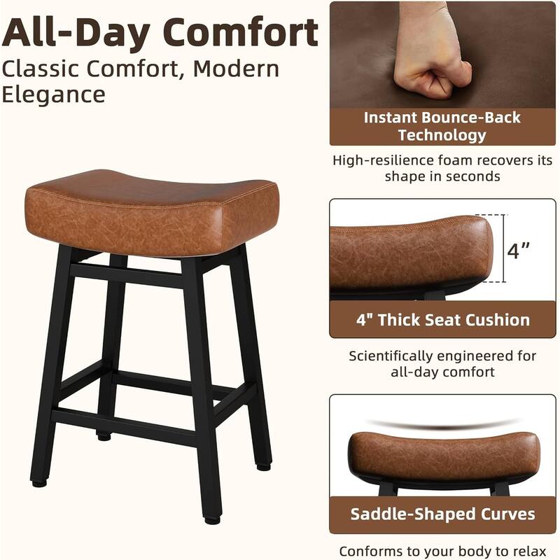 XINMICS 24 Inches Bar Stools, Saddle Kitchen Stools with PU Leather Cushion Counter Height Barstools for Kitchen Dining Cafe