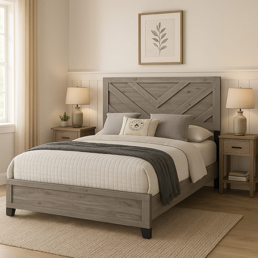 Rachy Queen Bed, Farmhouse Chevron Headboard, Light Gray Black Wood