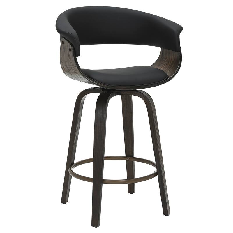 Mid-Century Modern Faux Leather & Bentwood 26" Counter Stool with Swivel, Set of 2 - Black