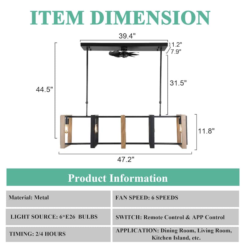 Cusp Barn 47 Inch Modern Ceiling Fan, Rustic Cube Pendant Light with 5 Light, Farmhouse Linear Hanging Lamp for Dining Room