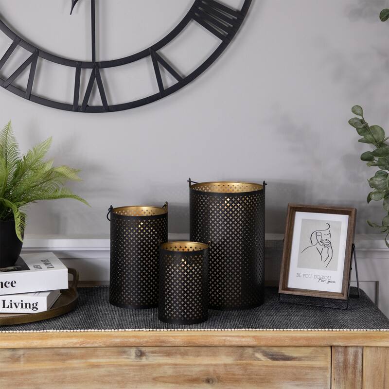 Iron Mesh Candle Holders with Handles - 10" - Black and Gold Finish - Set of 3