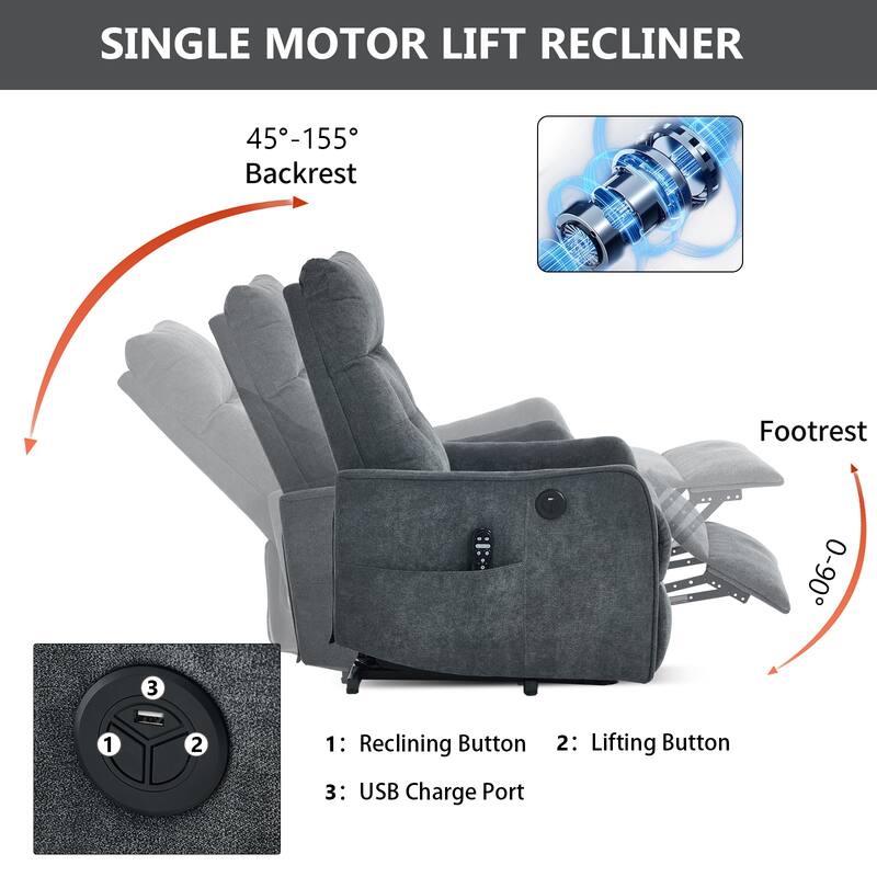 Single Motor Power Lift Recliner with USB Port and 155 Degree Recline