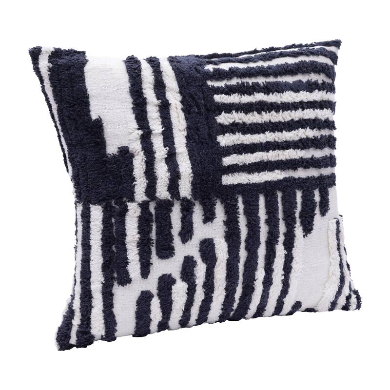 Handwoven Abstract Striped Shag Throw Pillow Cover - 22" - White and Navy Blue