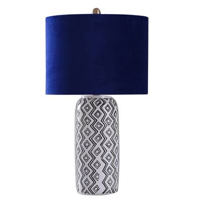 Cameron Black and White Ceramic Geo Table Lamp - Faux Crushed Blue Velvet Drum Shade