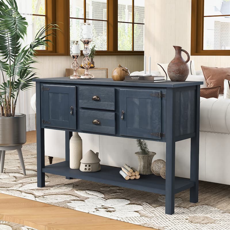 Retro 48 Inch Solid Wood Console Sideboard - 2 Drawers & Cabinets, Navy Blue