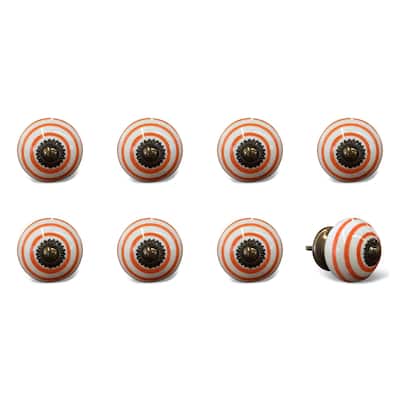 1.5" Set of 8 Orange White Round Ceramic Cabinet Drawer Pulls Knobs with Floral Design - 1.5” x 1.5” x 1.5”