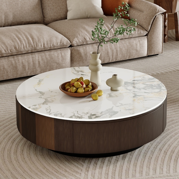 35 Modern Faux Marble Round Coffee Table White Glossy Sintered Stone Tabletop Mid Century Table with Solid Wood Drawer Brown