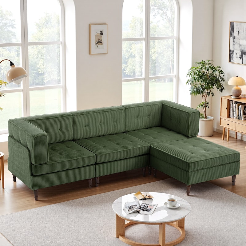 Oversized Sofa Corduroy Tufted Modular Sectional Set - Green-4 peice - Reversible