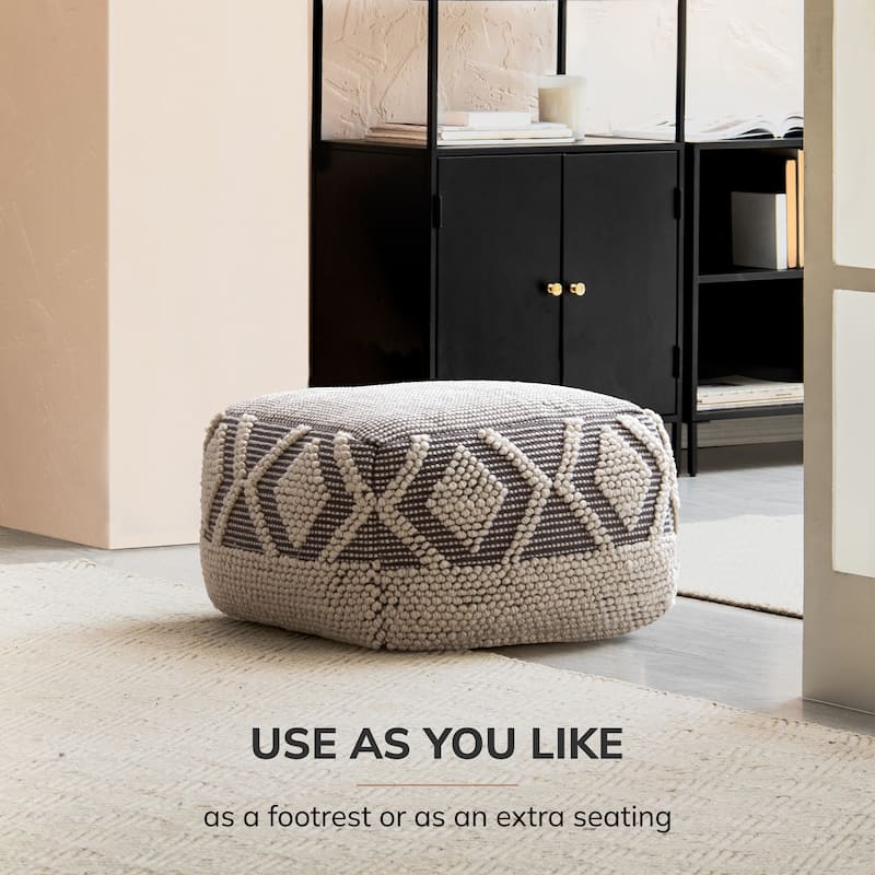 Jani Chippewa 22 x 22 x 16 Gray & Ivory Square Pouf Ottoman - Handmade Footrest for Living Room, Bedroom, Nursery, Kidsroom