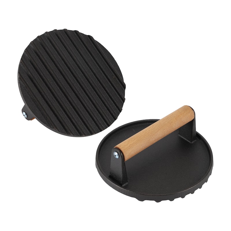 Round Burger Press, Cast Iron Smash Bacon Press Meat Steak with Wood Handle for Griddle Sandwich Nonstick Pan, Black - Black