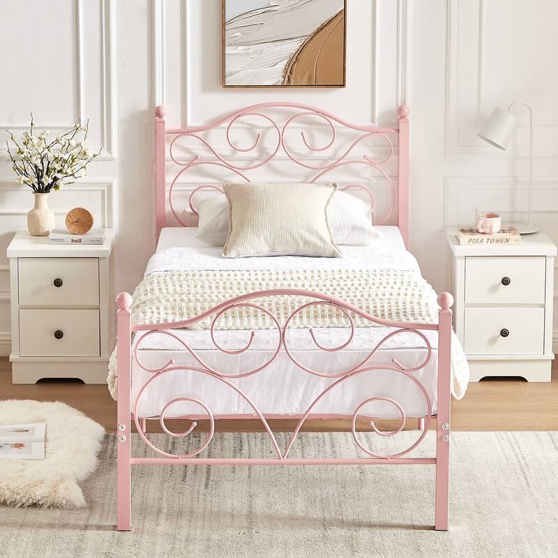 VECELO Metal Platform Bed Frame with Scroll Headboard, Twin/Full/Queen Size Beds