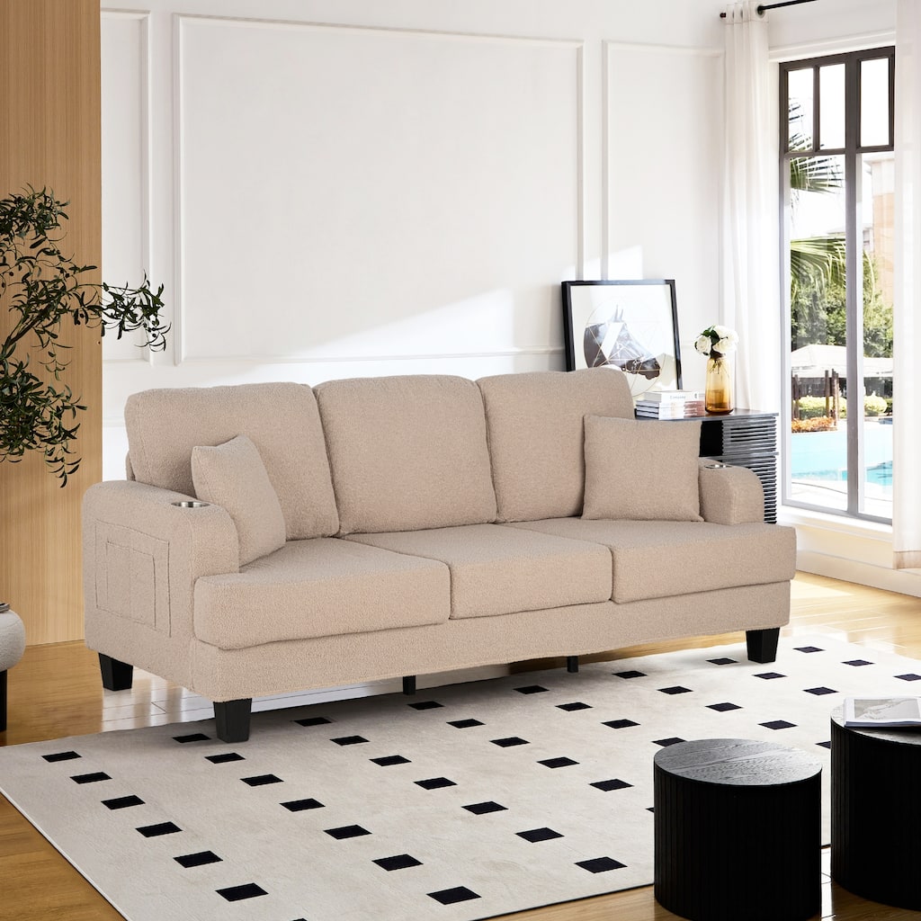 85" Modern Beige Corduroy 3-seater Sofa with USB and 2 Pillows