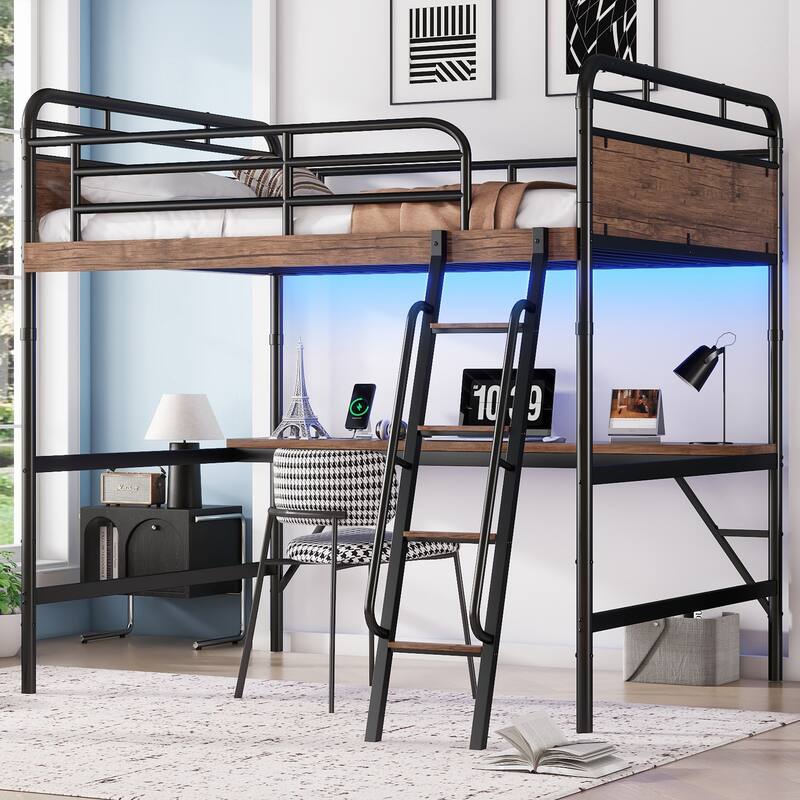 Full Size Metal Loft Bed with Built-In Desk, LED Lighting and Charging Station, Safety Staircase with Handrails