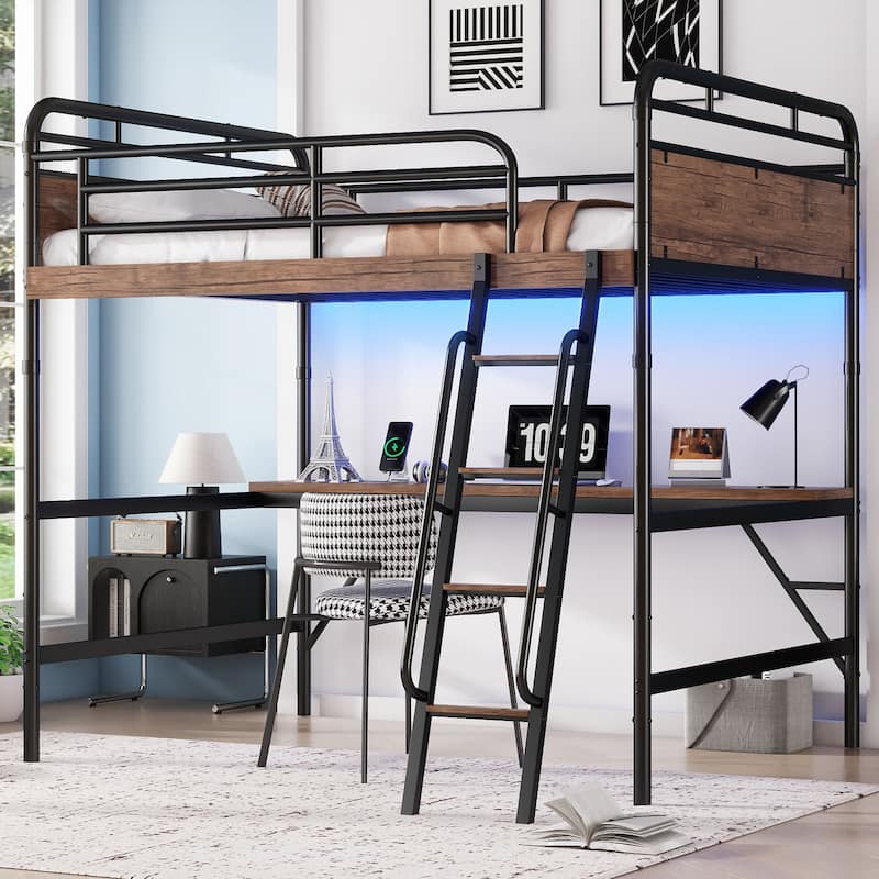 Full Size Metal Loft Bed with Desk, LED Light, and Charge Station, Black