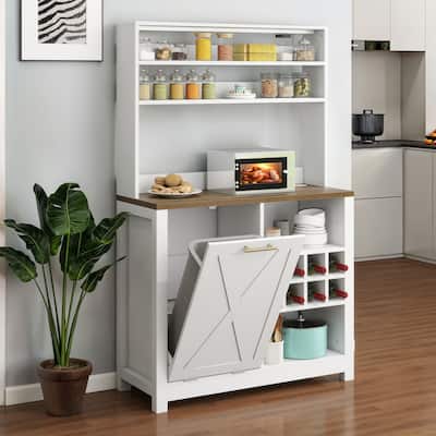 Moasis 63" Tall Bakers Rack with Tilt Out Trash Can Cabinet and Wine Storage