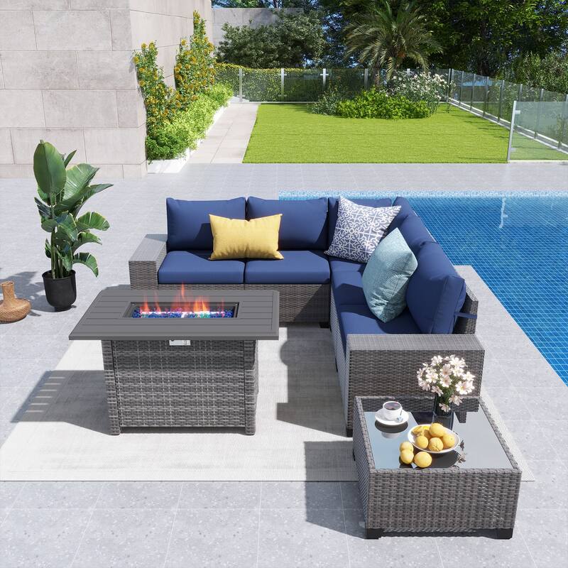 7-Piece 5 Person Patio Free Combination Wicker Conversation Set With Waterproof Cushions and Firepit Table