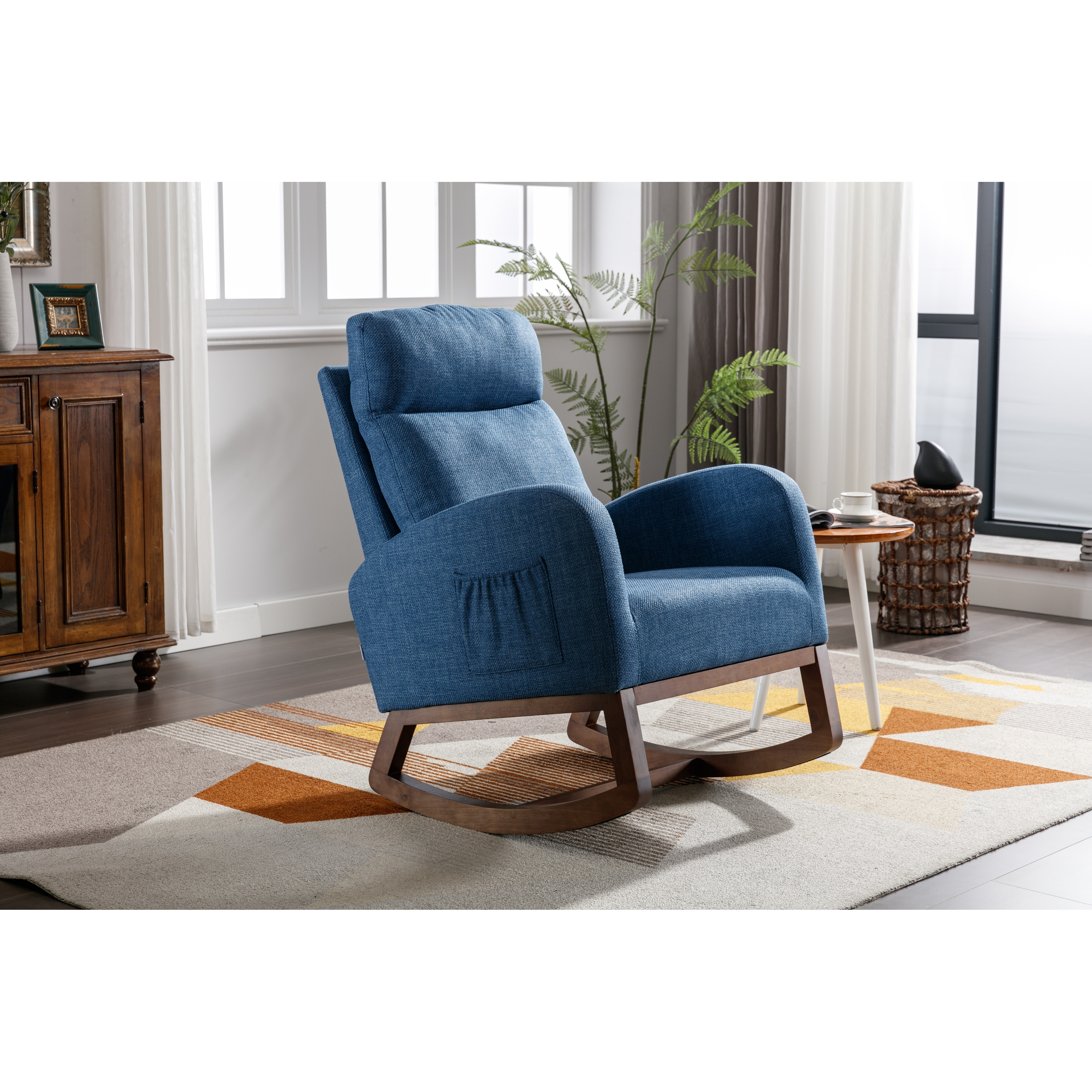 Modern Tall Back Accent Rocker Chair Fabric Upholstered Armchair