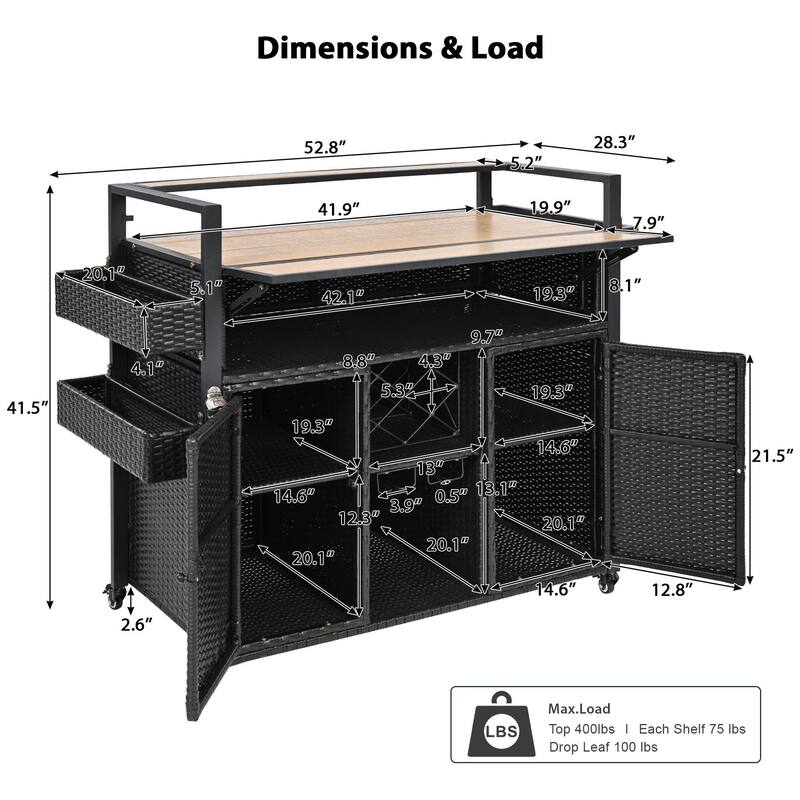 Wicker Outdoor Grill Cart with Drop Leaf Tabletop and Storage Cabinet