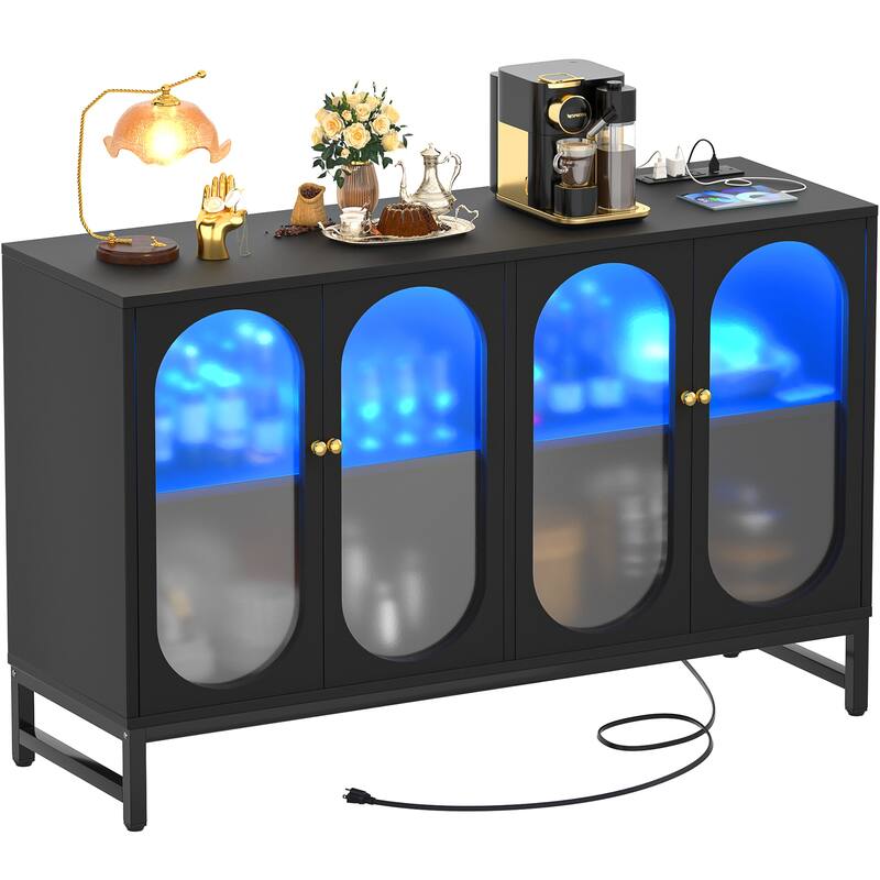 Modern Farmhouse Black Sideboard Buffet with USB Port, Black Storage Bar Cabinet with LED Light
