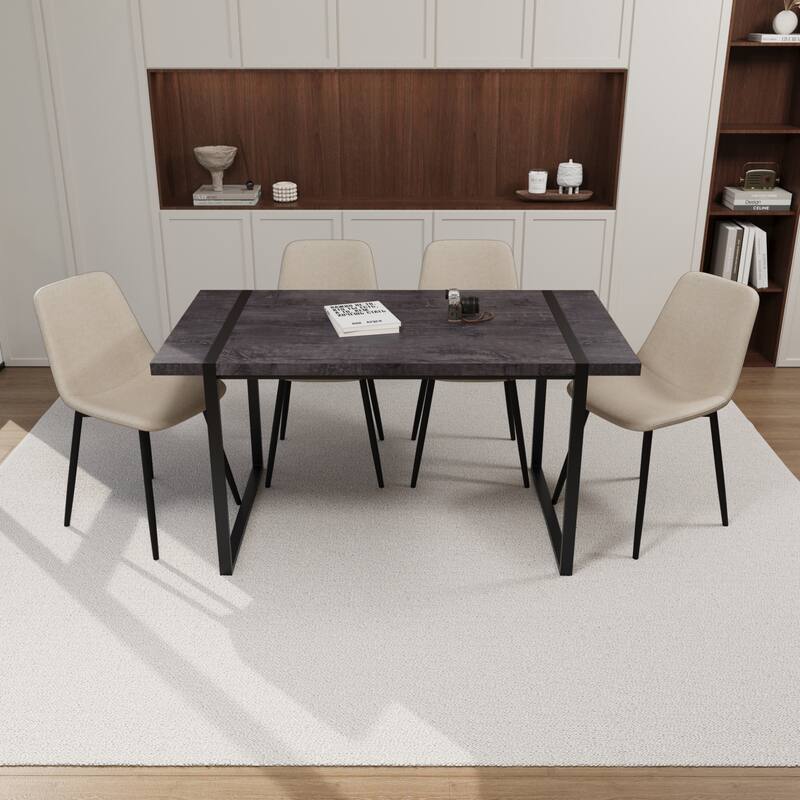 Modern 5-Piece Dining Set with Rectangular Metal Base Table & 4 Square Corner Suede Chairs