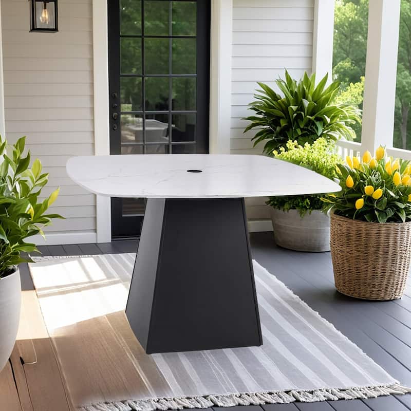 Modern 44" Rounded Square Outdoor Pedestal Dining Table, Greek Marble-Look Sintered Stone Top, Flared Pyramid Aluminum Base - Ember Black