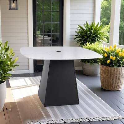 Modern 44" Rounded Square Outdoor Pedestal Dining Table, Greek Marble-Look Sintered Stone Top, Flared Pyramid Aluminum Base