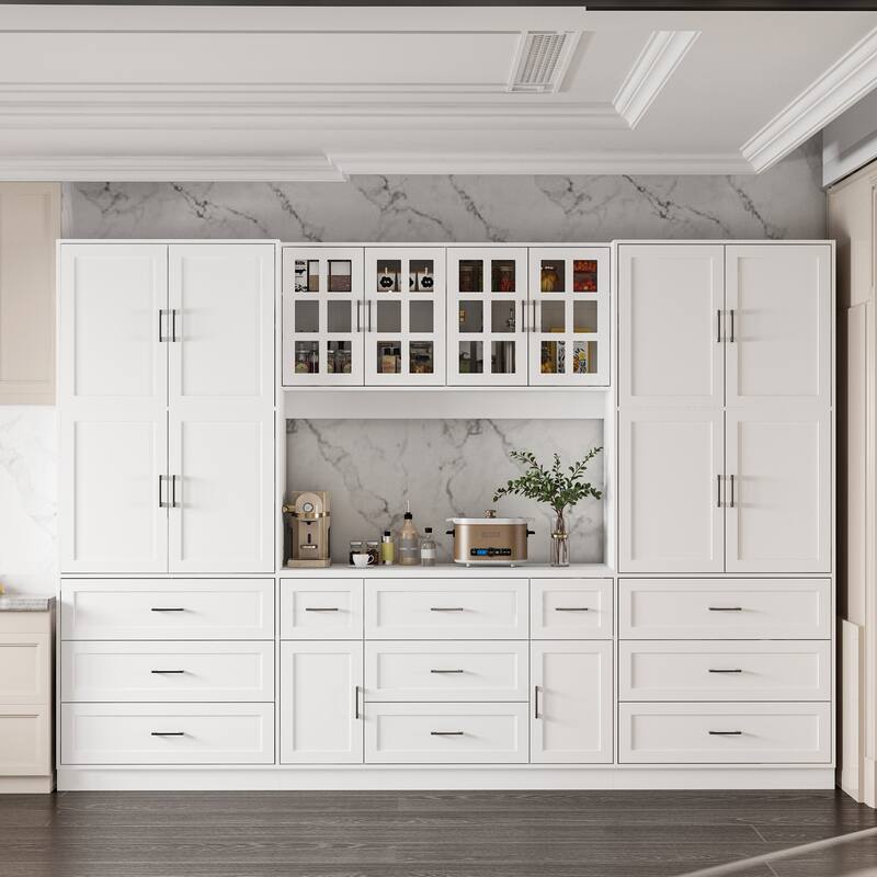 Multi-Functional White Kitchen Storage Cabinet with Drawers and Glass Doors, MDF & Metal Hardware