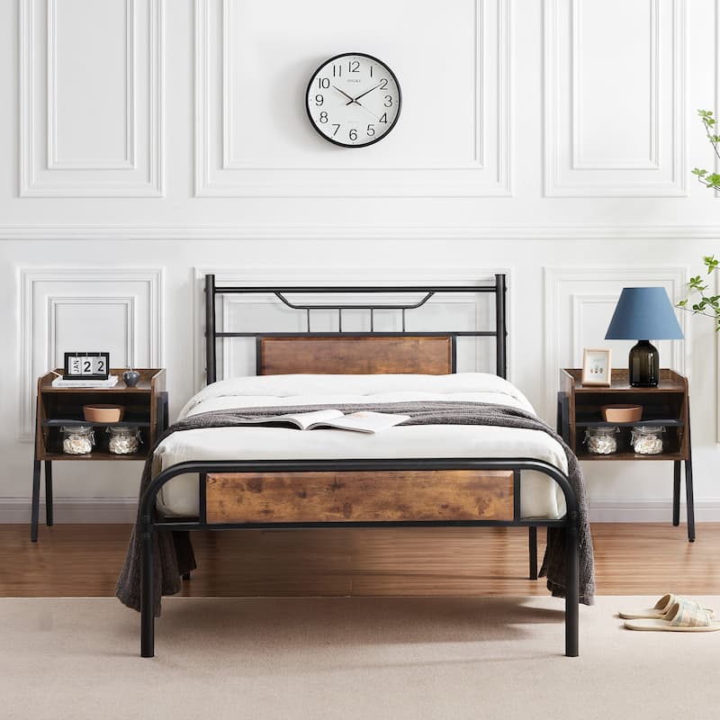 VECELO Industrial 3-pieces Bed and Modern Nightstands Set